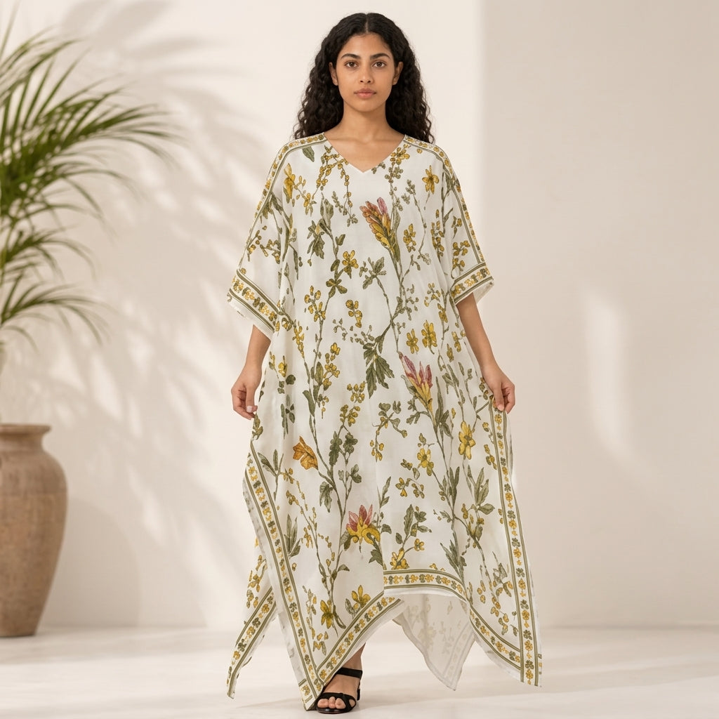 All-Over Print Women's Imitation Silk V-neck Kaftan Robe