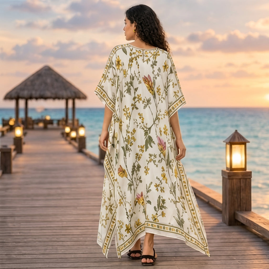 All-Over Print Women's Imitation Silk V-neck Kaftan Robe