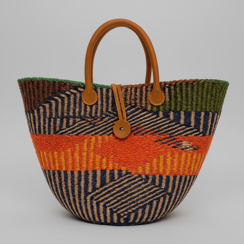 Woven handbag with colorful pattern and brown handles on a gray background
