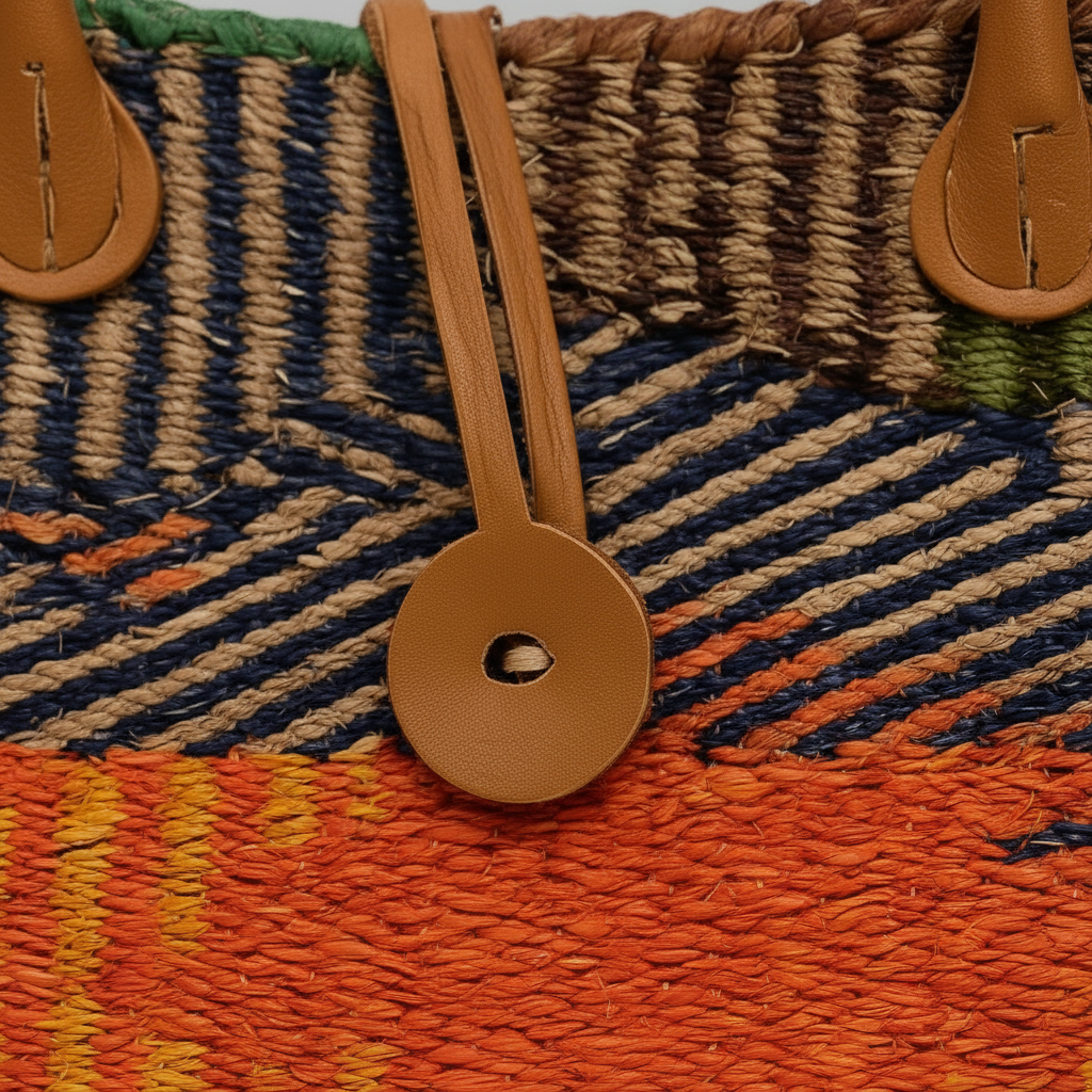 Close-up of a woven bag with striped pattern and brown leather straps.