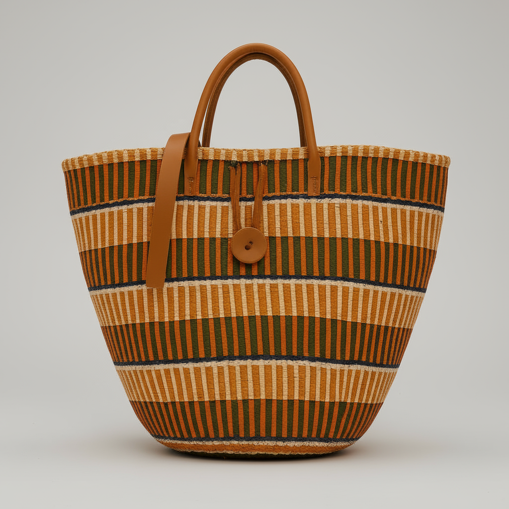 Striped woven bag with brown handle and button on a light gray background