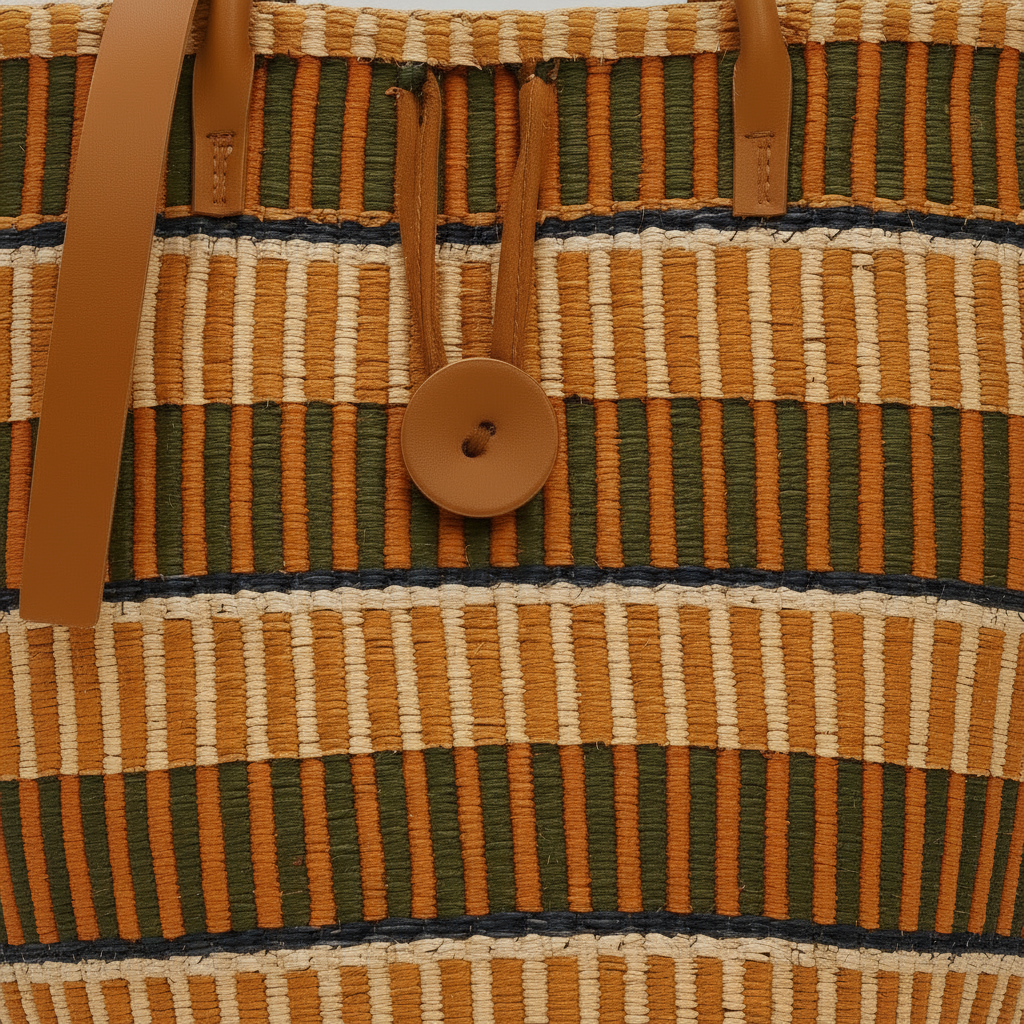 Woven bag with striped pattern and brown button detail