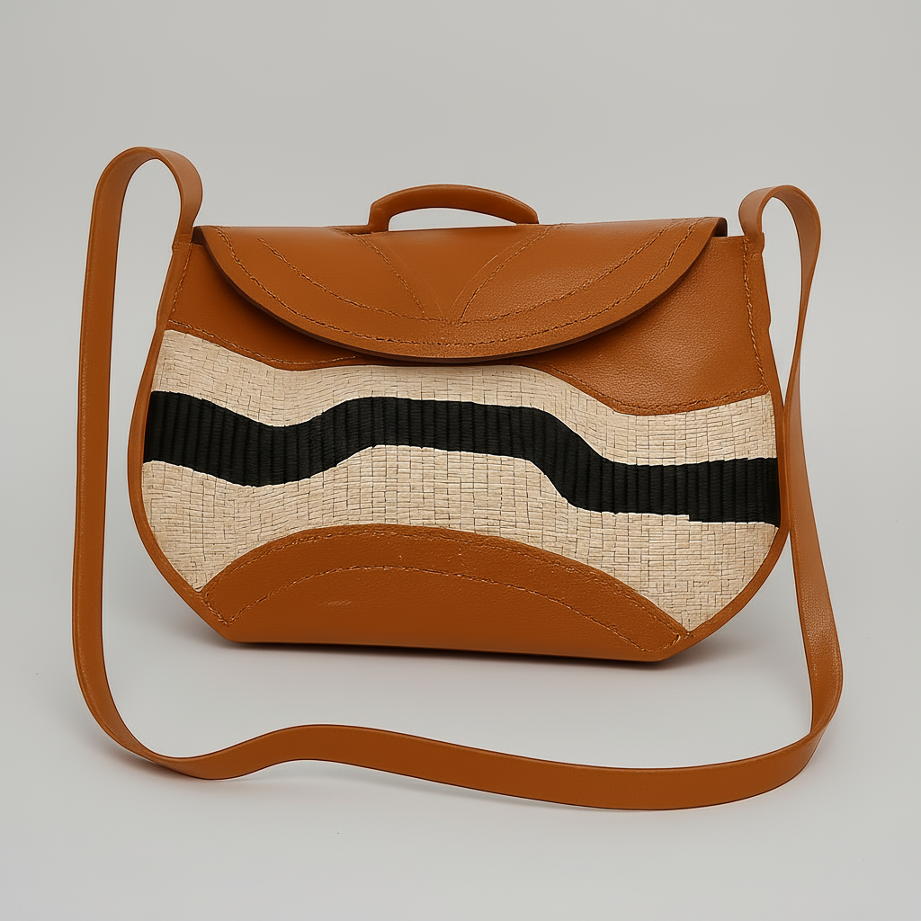 Brown and beige handbag with a black stripe on a light gray background