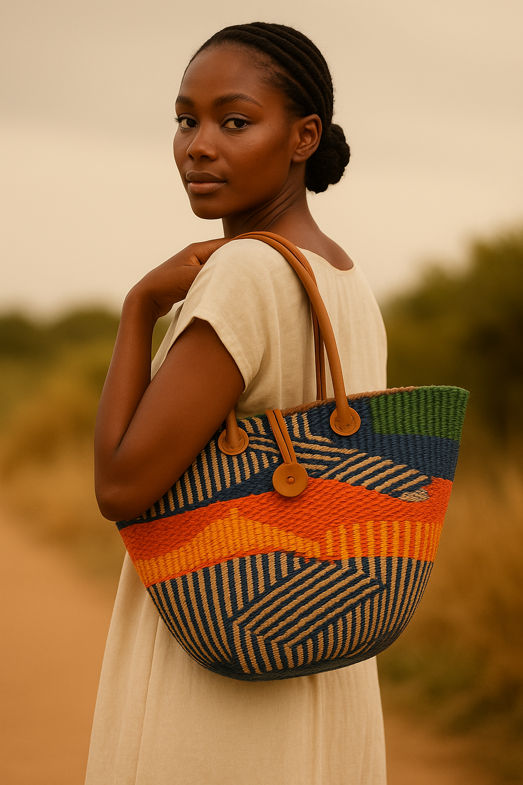 A woman standing in a field with a tan dress and a multicolored handcrafted bag with geometric patterns.