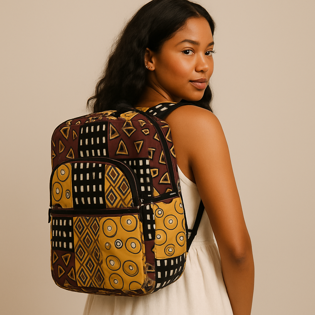 A person wearing a backpack with a geometric pattern in shades of brown and yellow.