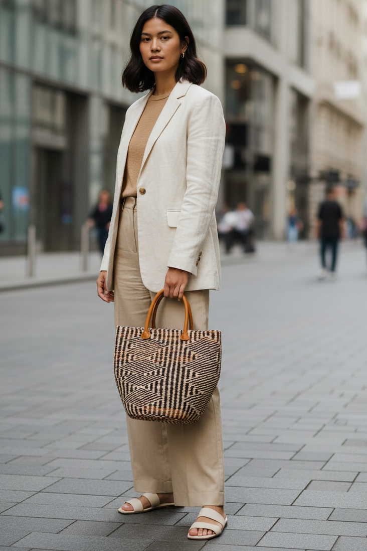Woman in beige suit holding a patterned bag on a city street