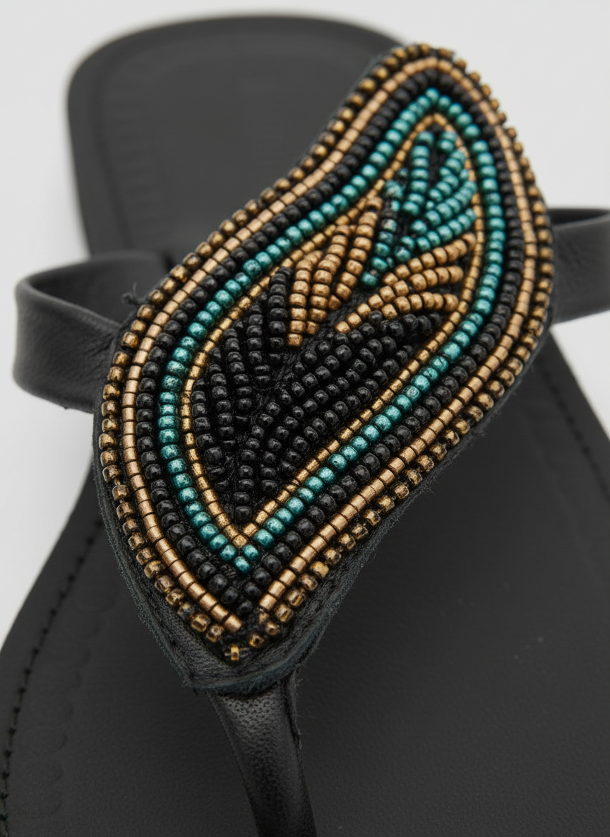 Black sandal with a decorative leaf pattern featuring gold and teal beads on a white background
