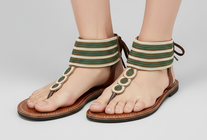 Pair of sandals with decorative straps on a neutral background