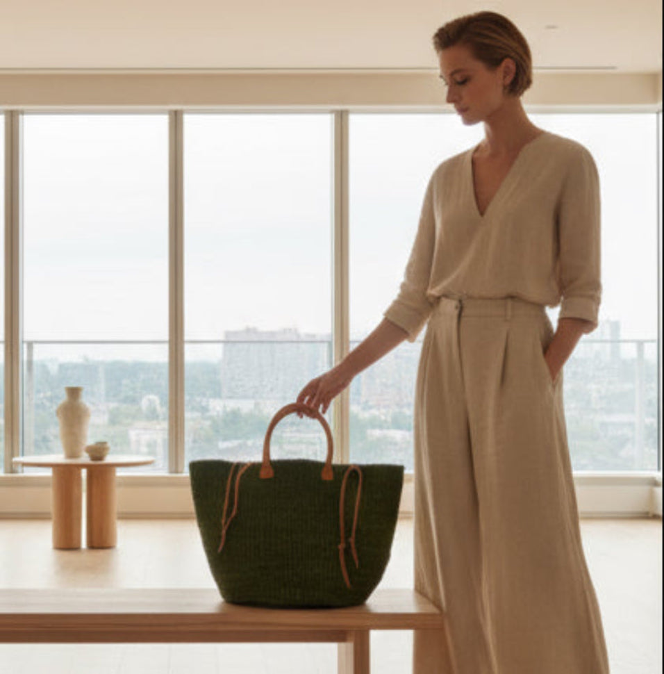 Woman holding a green handbag indoors with large windows in the background