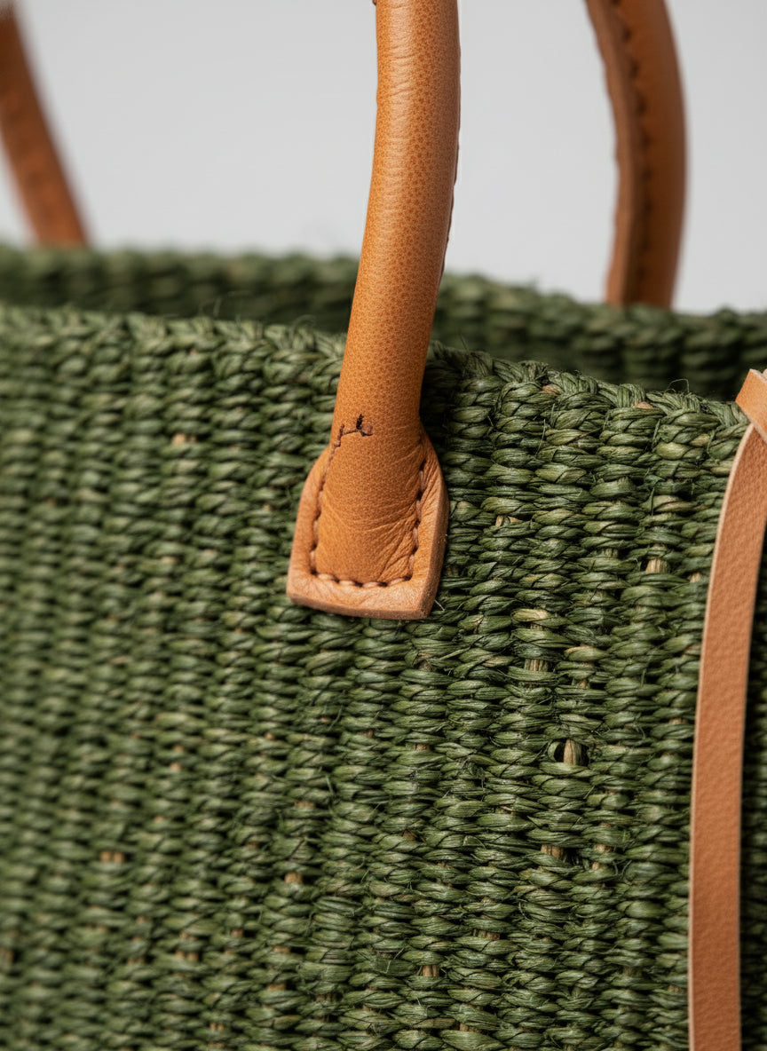 Green woven bag with brown leather handles on a light gray background