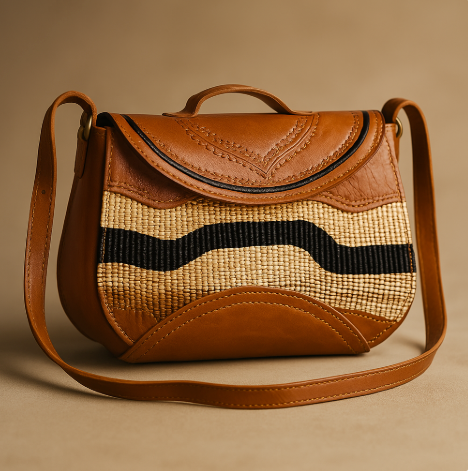 A handcrafted shoulder bag with brown leather and black and brown woven patterns, with a zipper closure and a shoulder strap.