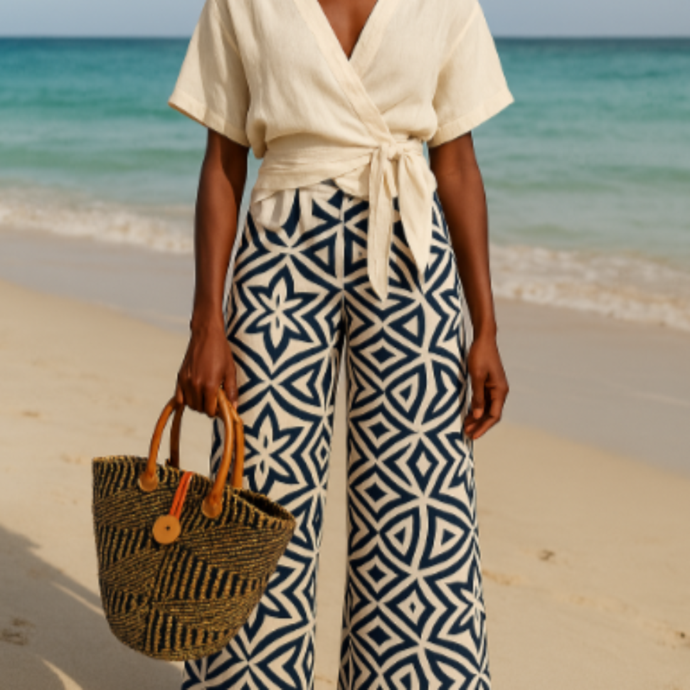 Person wearing a white top and blue patterned pants on a beach holding a woven bag.