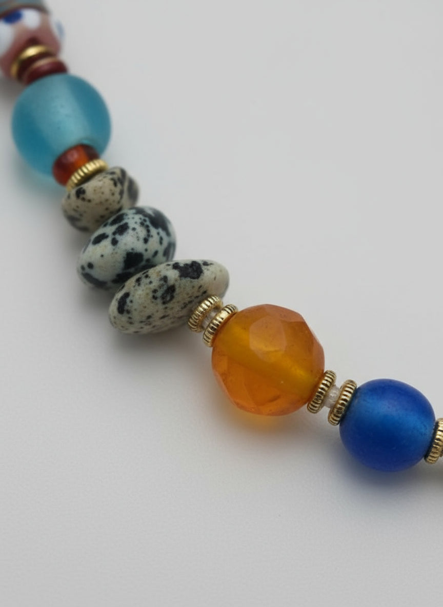 Close-up of a beaded necklace with colorful beads on a white background